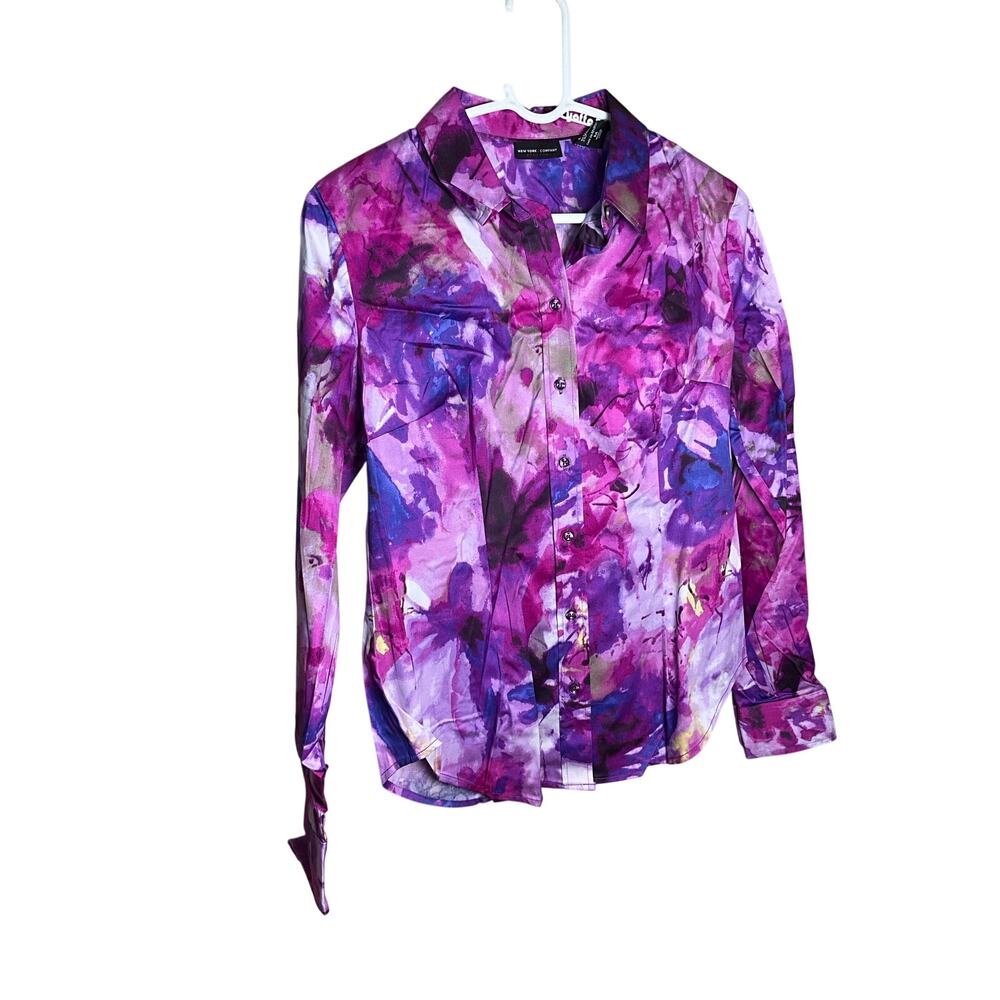New York & Company Button Down Shirt Long Sleeve Pink Purple Womens Size M NWT